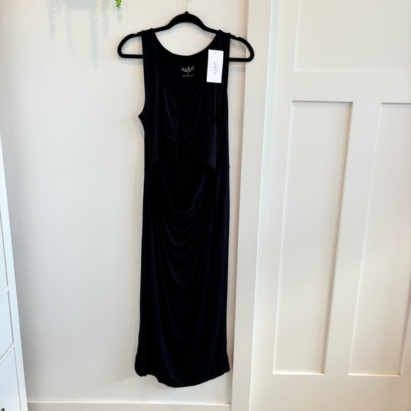 Isabel Maternity Black Sleeveless Peek-A-Boo Midi Dress Size Large Ruched NWT - Picture 2 of 8
